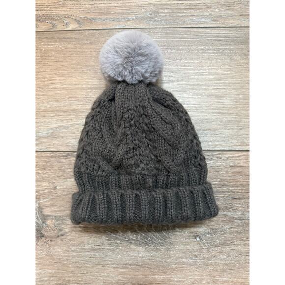 Eddie Bauer Chunky Knit Lined Beanie Pom Hat Gray Brown Winter Cottage Hat - Picture 2 of 6
